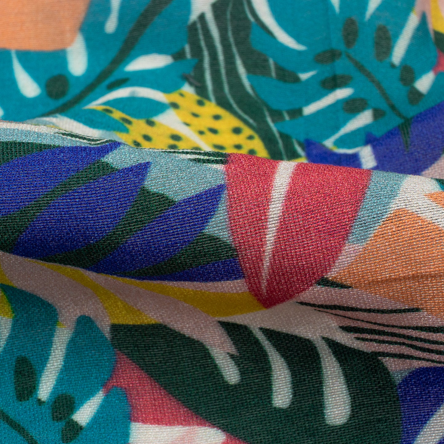 Teal Green And Peach Leaf Pattern Digital Print Viscose Chanderi Fabric