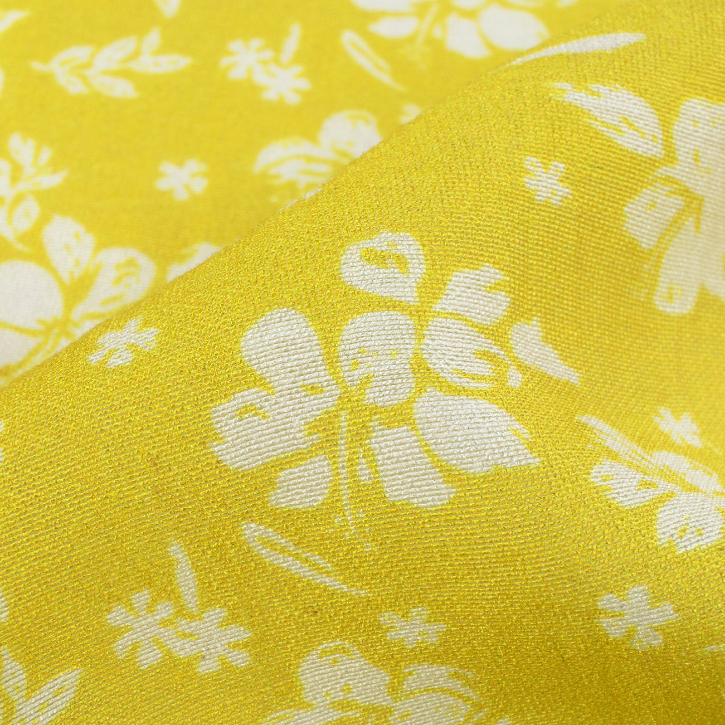 Bumblebee Yellow And White Floral Pattern Digital Print Viscose Chanderi Fabric