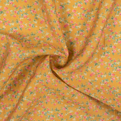 Ochre Yellow And Pink Floral Pattern Digital Print Viscose Chanderi Fabric