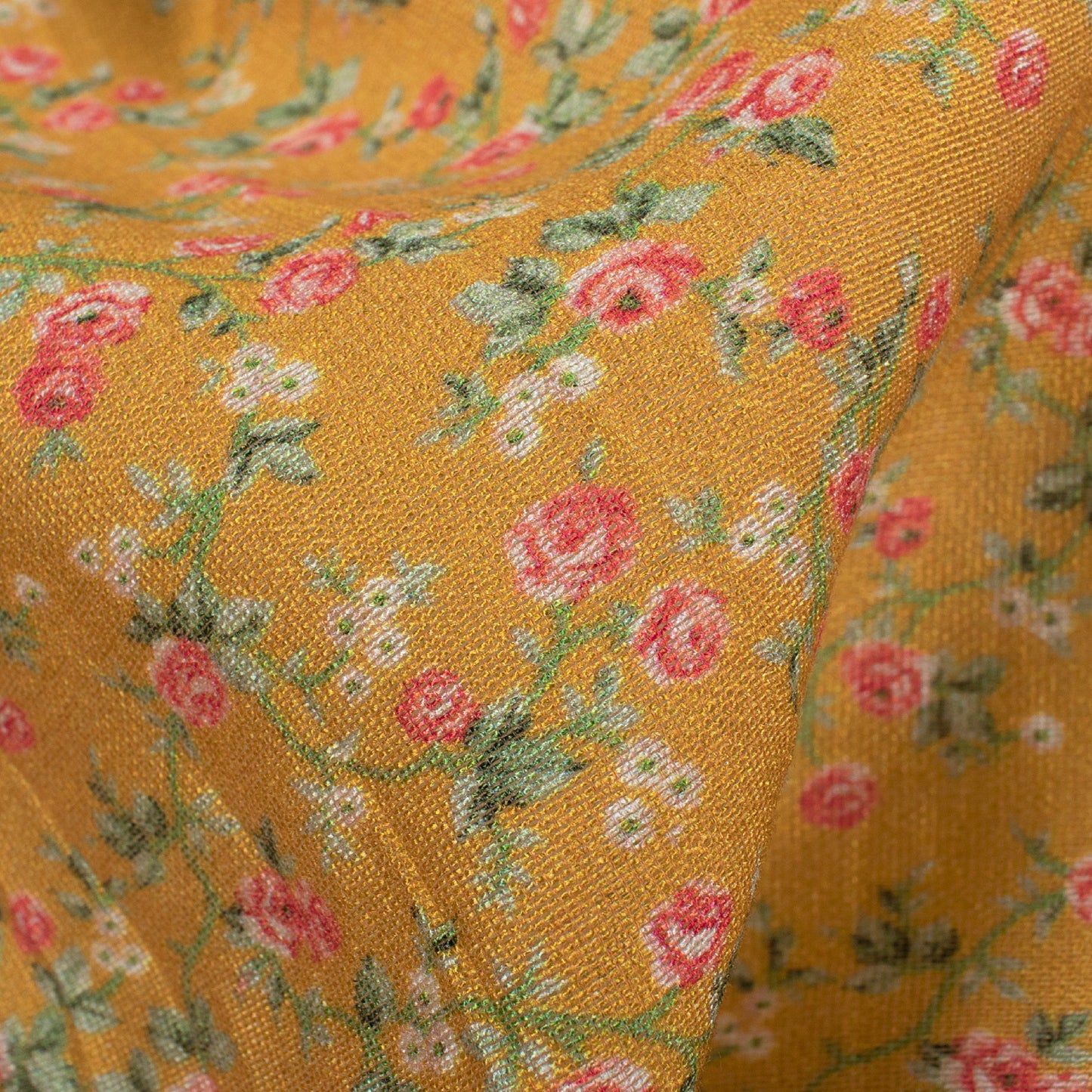 Ochre Yellow And Pink Floral Pattern Digital Print Viscose Chanderi Fabric