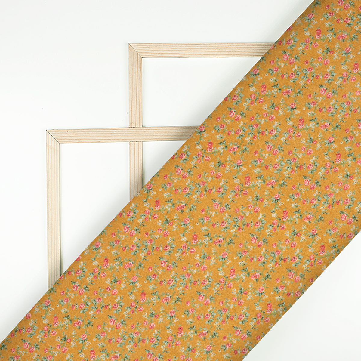 Ochre Yellow And Pink Floral Pattern Digital Print Viscose Chanderi Fabric