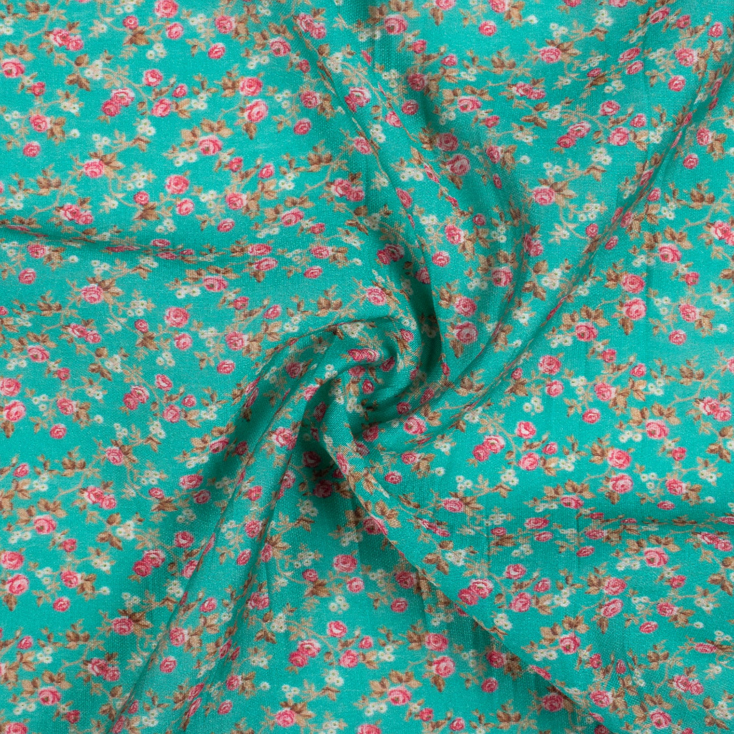 Teal Blue And Pink Floral Pattern Digital Print Viscose Chanderi Fabric