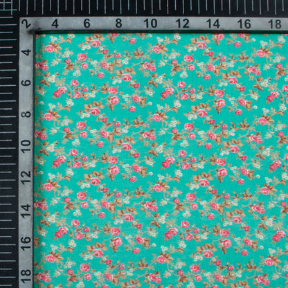 Teal Blue And Pink Floral Pattern Digital Print Viscose Chanderi Fabric