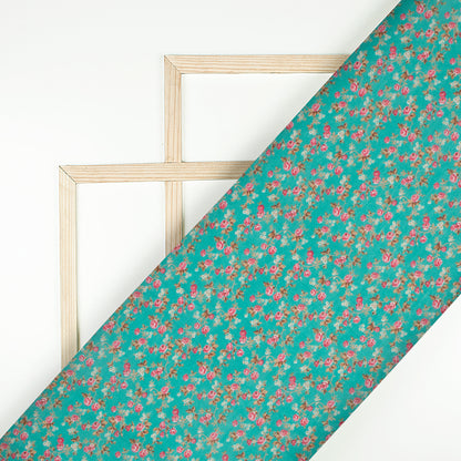 Teal Blue And Pink Floral Pattern Digital Print Viscose Chanderi Fabric