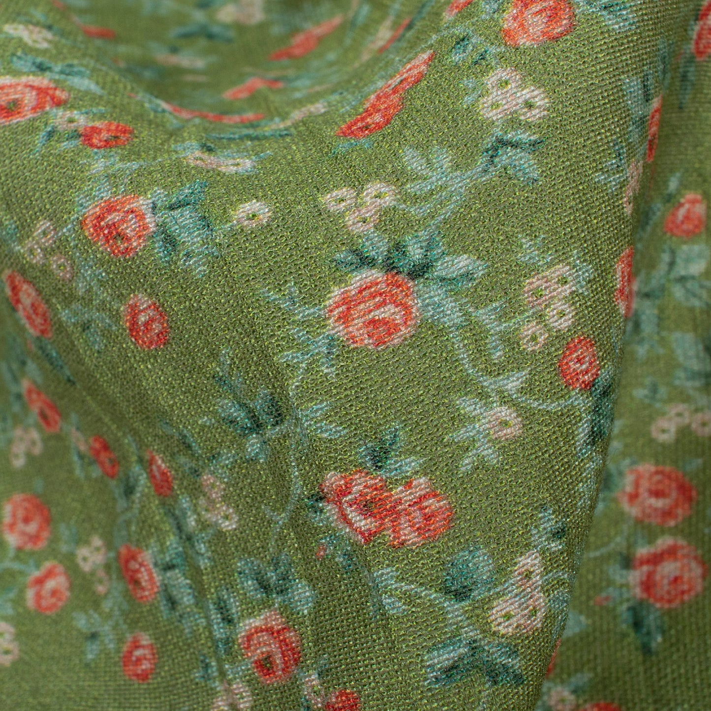 Olive Green And Peach Floral Pattern Digital Print Viscose Chanderi Fabric