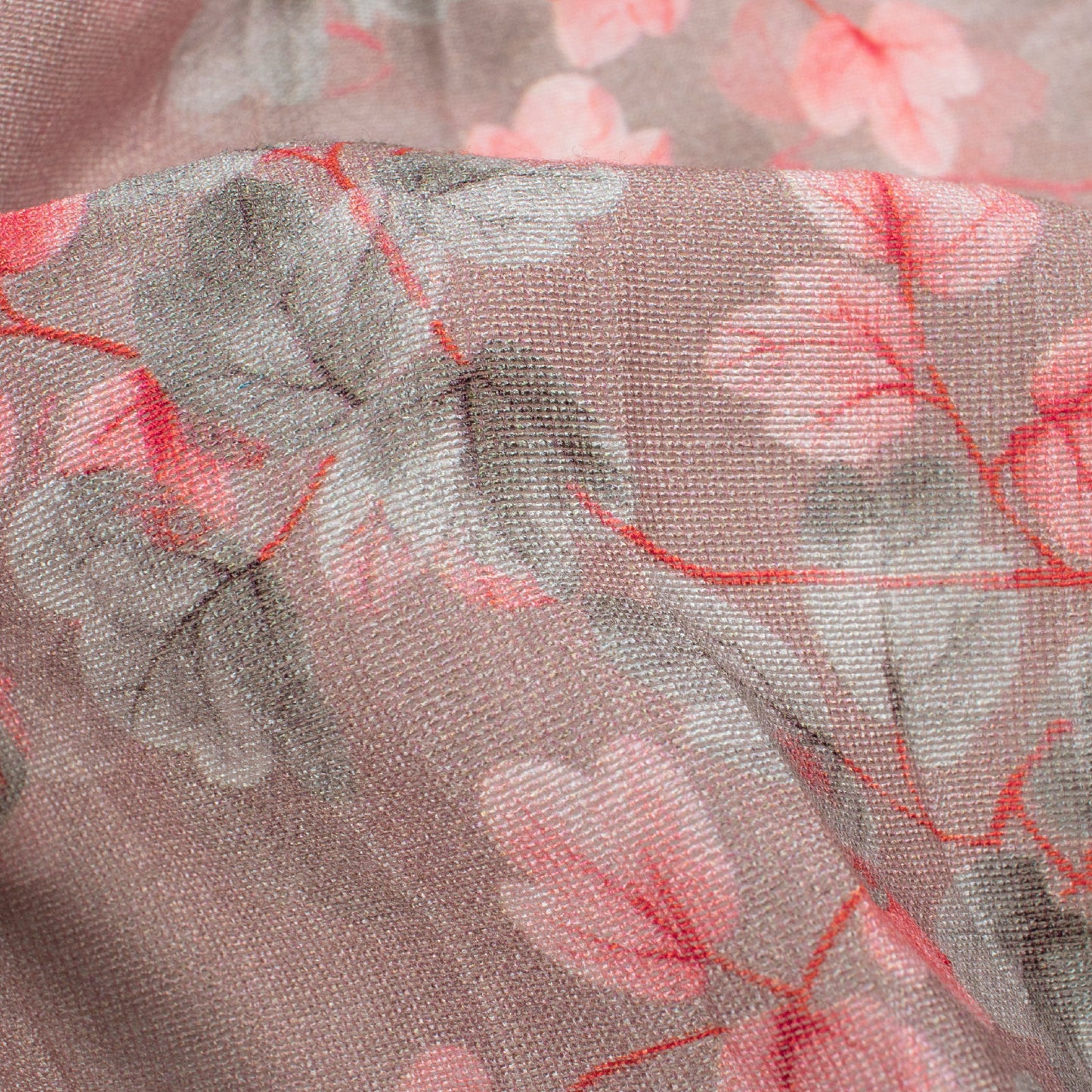 Dusty Pink And Grey Floral Pattern Digital Print Viscose Chanderi Fabric
