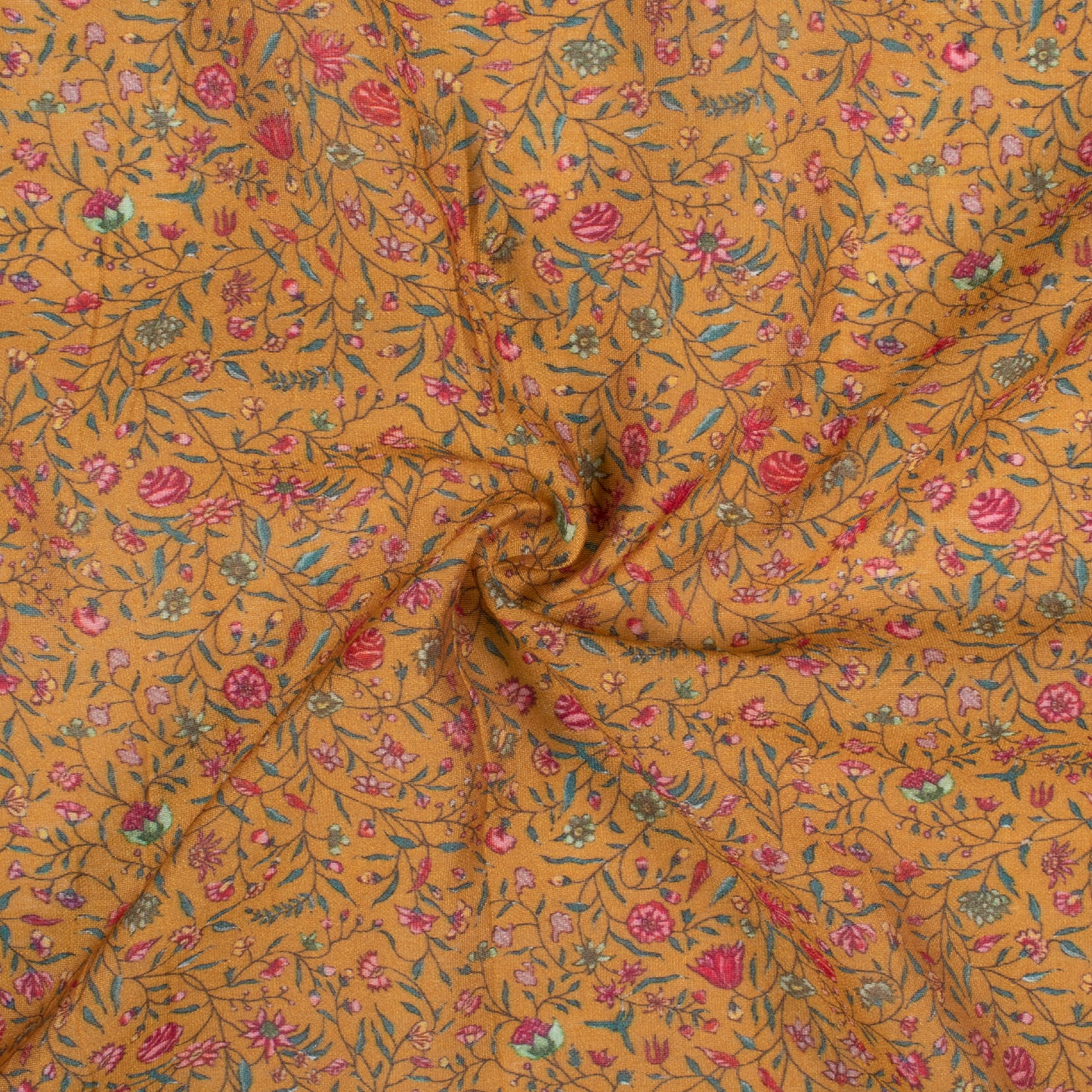 Light Ochre Yellow And Deep Pink Floral Pattern Digital Print Viscose Chanderi Fabric