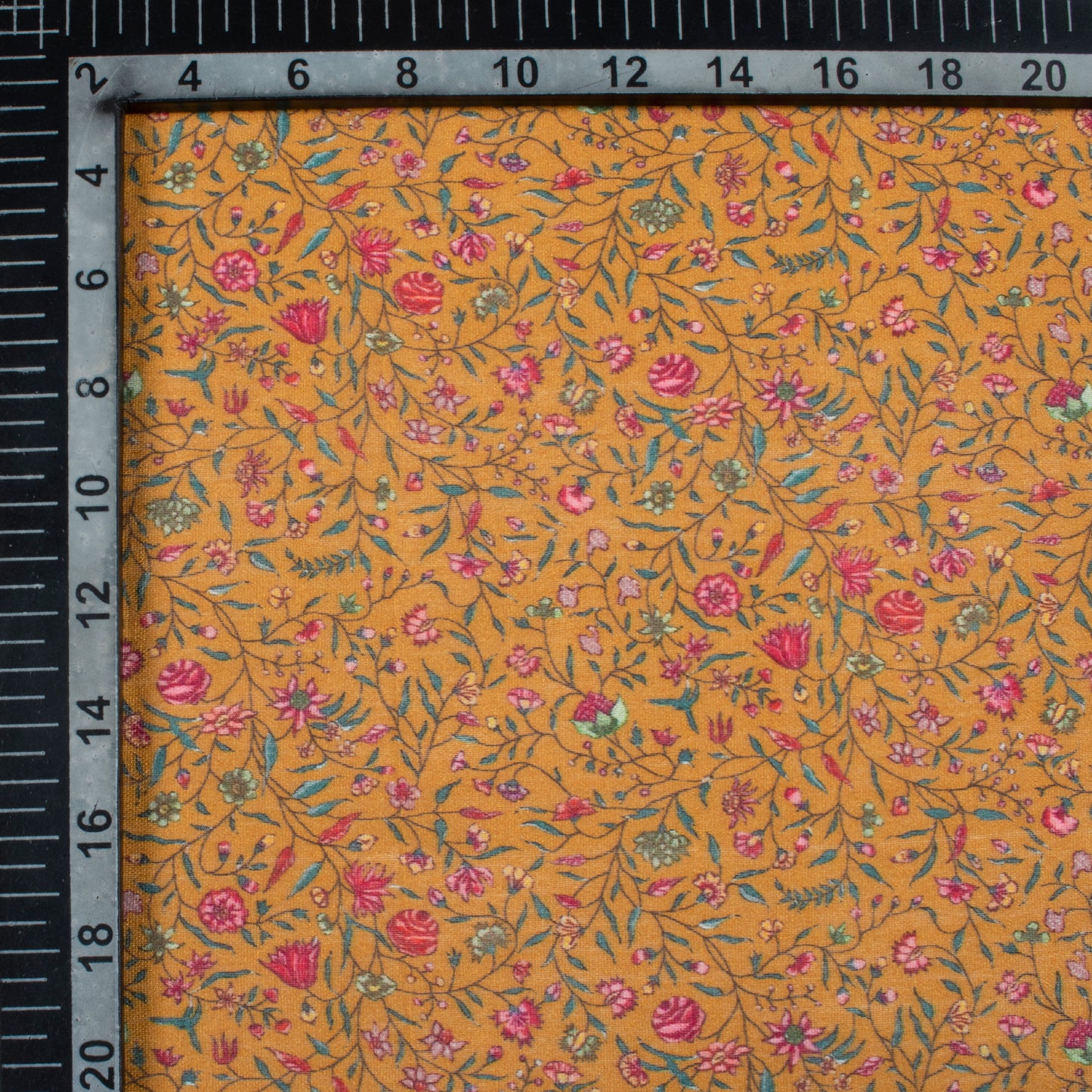Light Ochre Yellow And Deep Pink Floral Pattern Digital Print Viscose Chanderi Fabric