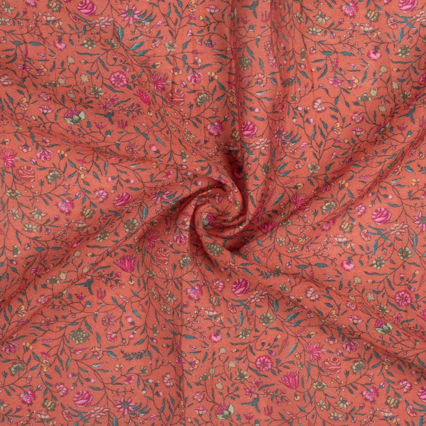 Vermilion Orange And Deep Pink Floral Pattern Digital Print Viscose Chanderi Fabric