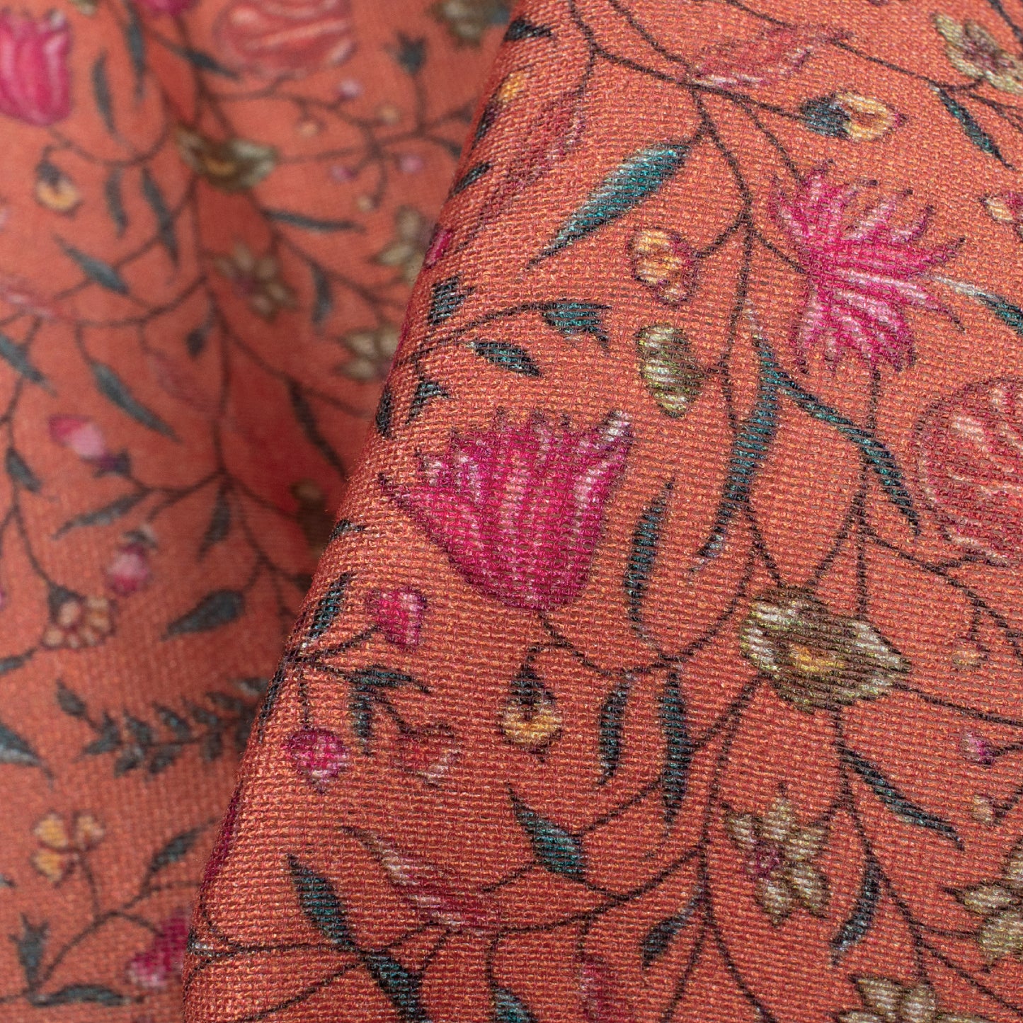 Vermilion Orange And Deep Pink Floral Pattern Digital Print Viscose Chanderi Fabric