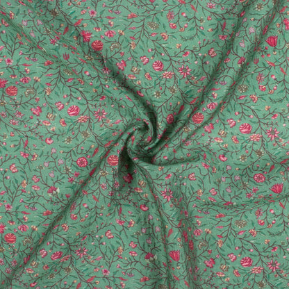 Viridian Green And Red Floral Pattern Digital Print Viscose Chanderi Fabric