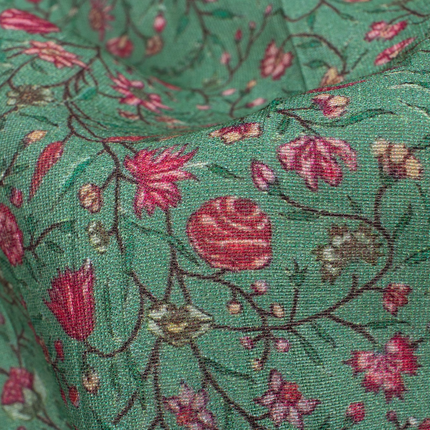 Viridian Green And Red Floral Pattern Digital Print Viscose Chanderi Fabric