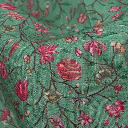 Viridian Green And Red Floral Pattern Digital Print Viscose Chanderi Fabric