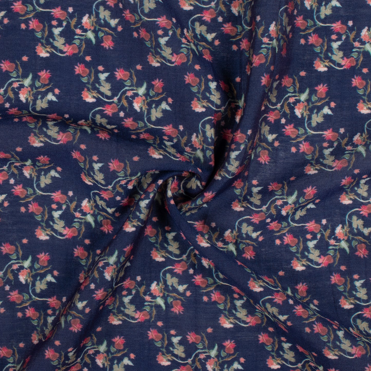 Space Blue And Taffy Pink Floral Pattern Digital Print Viscose Chanderi Fabric