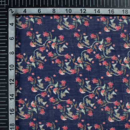 Space Blue And Taffy Pink Floral Pattern Digital Print Viscose Chanderi Fabric