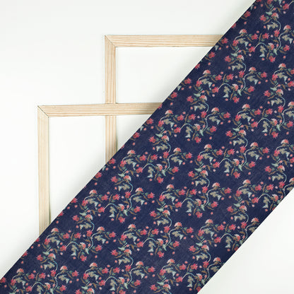 Space Blue And Taffy Pink Floral Pattern Digital Print Viscose Chanderi Fabric
