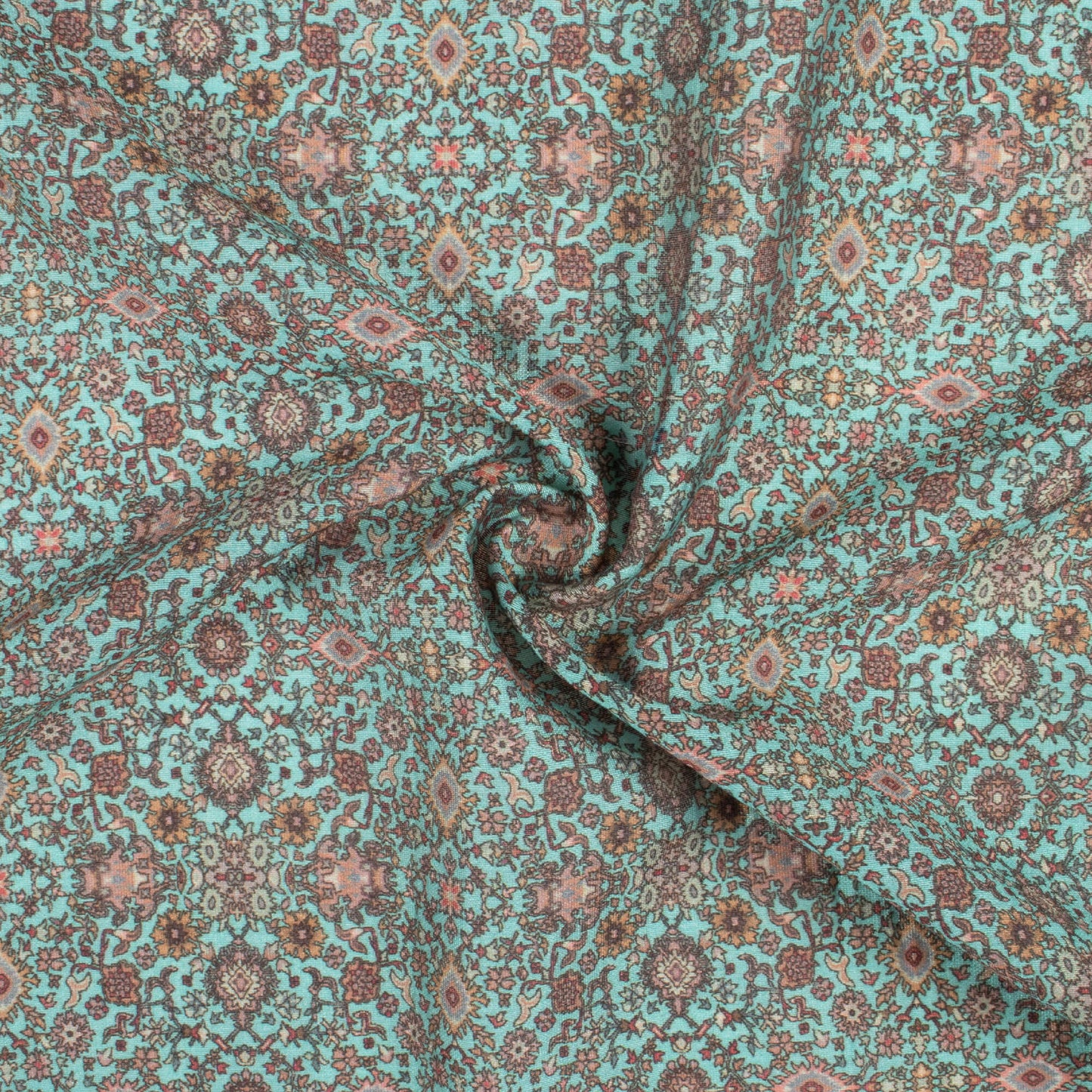 Aqua Green And Maroon Ethnic Pattern Digital Print Viscose Chanderi Fabric