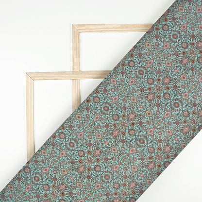 Aqua Green And Maroon Ethnic Pattern Digital Print Viscose Chanderi Fabric