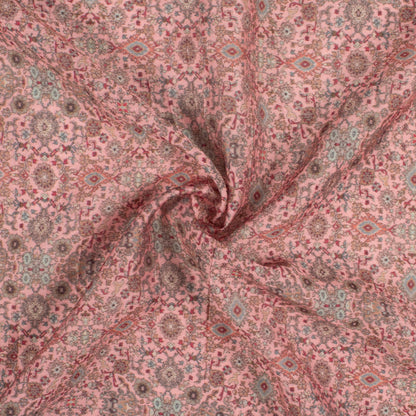 Flamingo Pink And Sage Green Ethnic Pattern Digital Print Viscose Chanderi Fabric