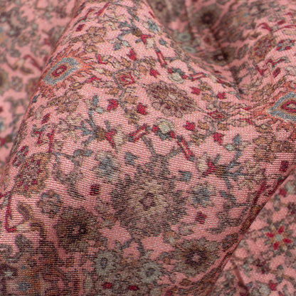Flamingo Pink And Sage Green Ethnic Pattern Digital Print Viscose Chanderi Fabric