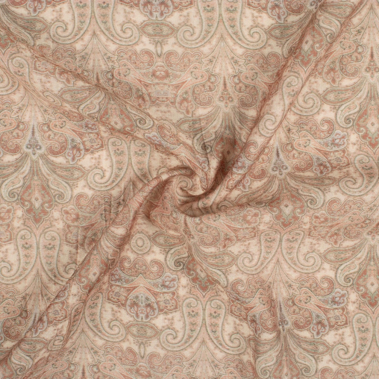 Cream And Green Paisley Pattern Digital Print Viscose Chanderi Fabric