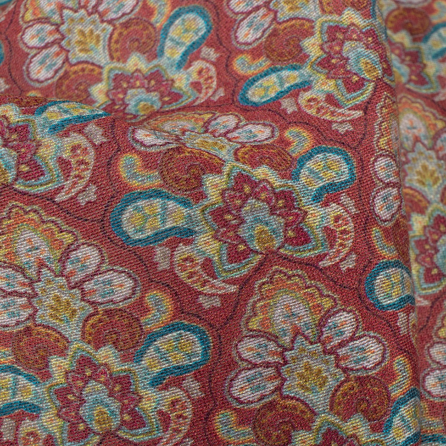 Sangria Red And Tea Green Ethnic Pattern Digital Print Viscose Chanderi Fabric