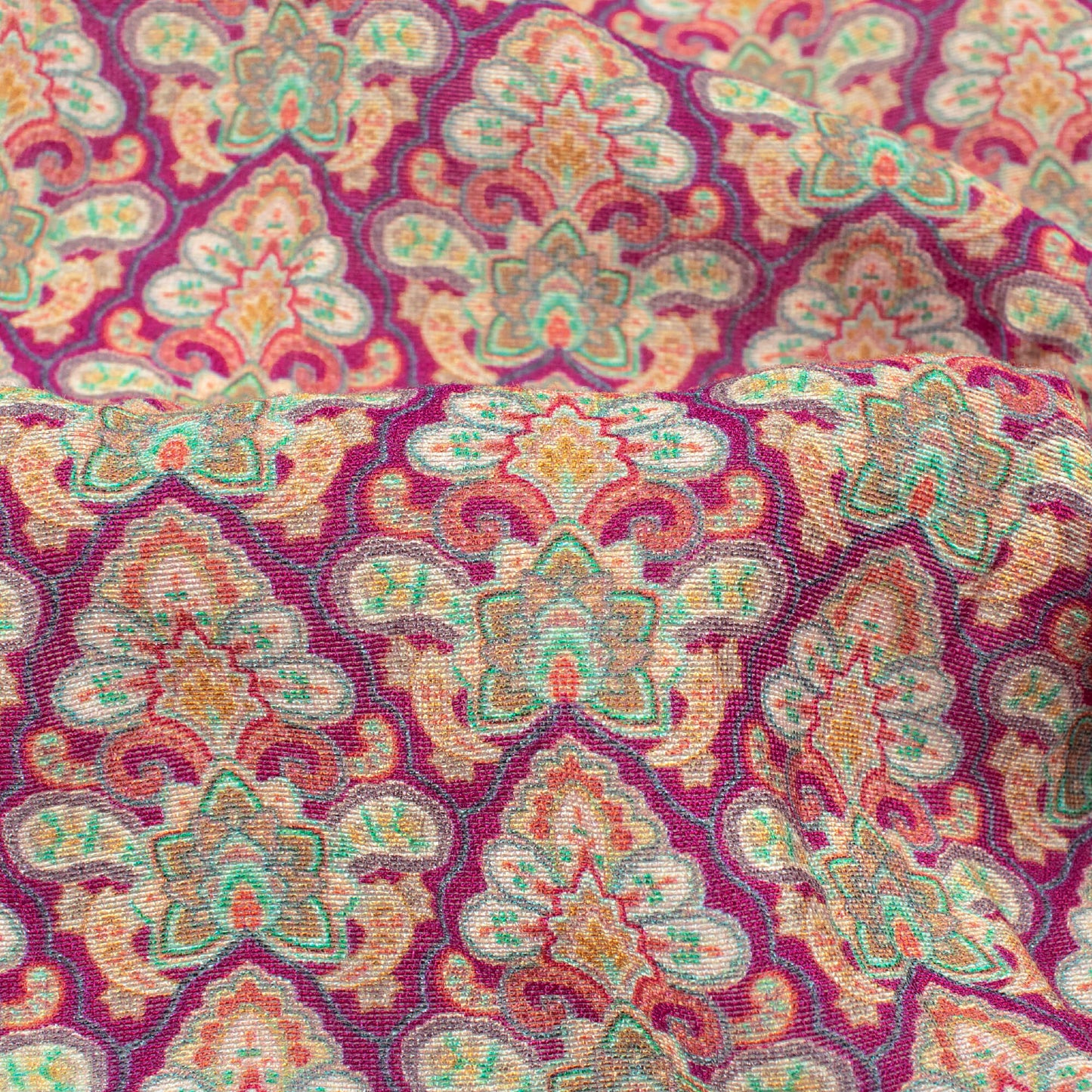 Magenta Purple And Tea Green Ethnic Pattern Digital Print Viscose Chanderi Fabric