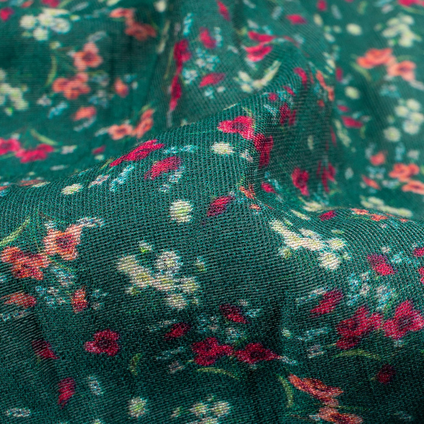 Jungle Green And Peach Floral Pattern Digital Print Viscose Chanderi Fabric