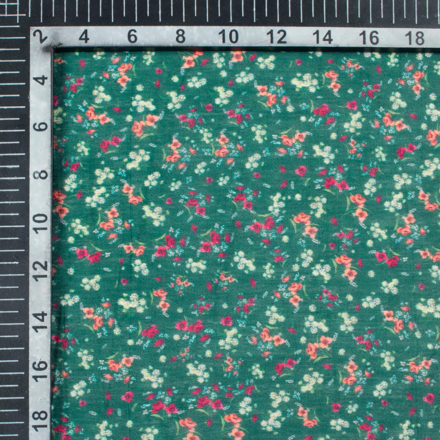 Jungle Green And Peach Floral Pattern Digital Print Viscose Chanderi Fabric