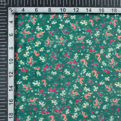 Jungle Green And Peach Floral Pattern Digital Print Viscose Chanderi Fabric