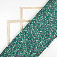 Jungle Green And Peach Floral Pattern Digital Print Viscose Chanderi Fabric