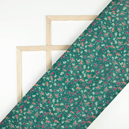 Jungle Green And Peach Floral Pattern Digital Print Viscose Chanderi Fabric