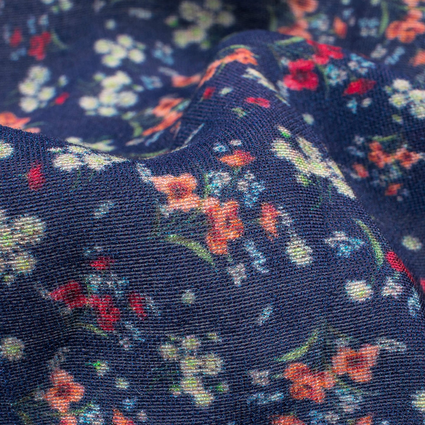 Navy Blue And Peach Floral Pattern Digital Print Viscose Chanderi Fabric