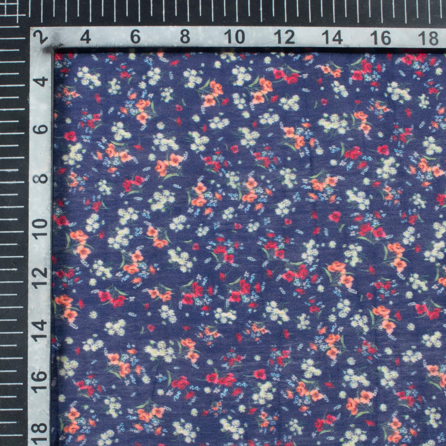 Navy Blue And Peach Floral Pattern Digital Print Viscose Chanderi Fabric