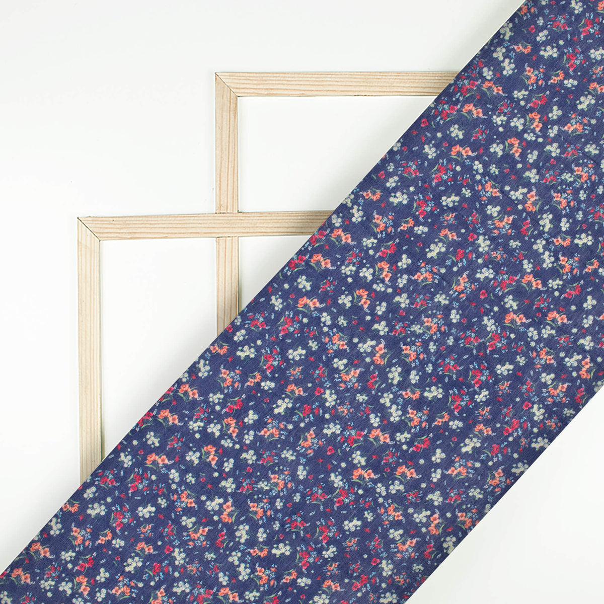 Navy Blue And Peach Floral Pattern Digital Print Viscose Chanderi Fabric