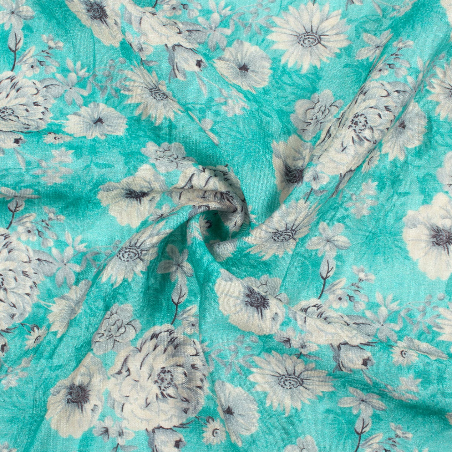 Sky Blue And White Floral Pattern Digital Print Viscose Chanderi Fabric