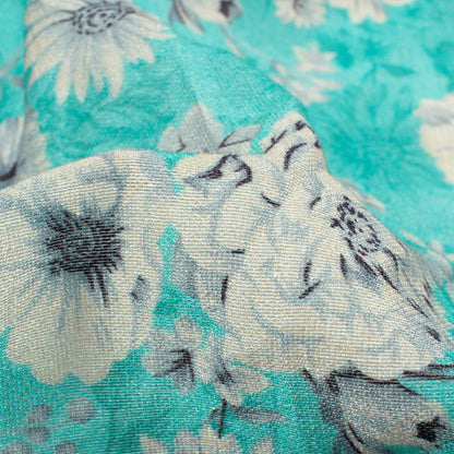 Sky Blue And White Floral Pattern Digital Print Viscose Chanderi Fabric