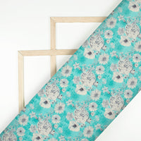 Sky Blue And White Floral Pattern Digital Print Viscose Chanderi Fabric