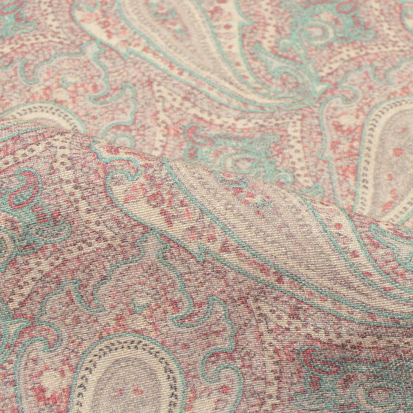 Blood Red And Sage Green Paisley Pattern Digital Print Viscose Chanderi Fabric