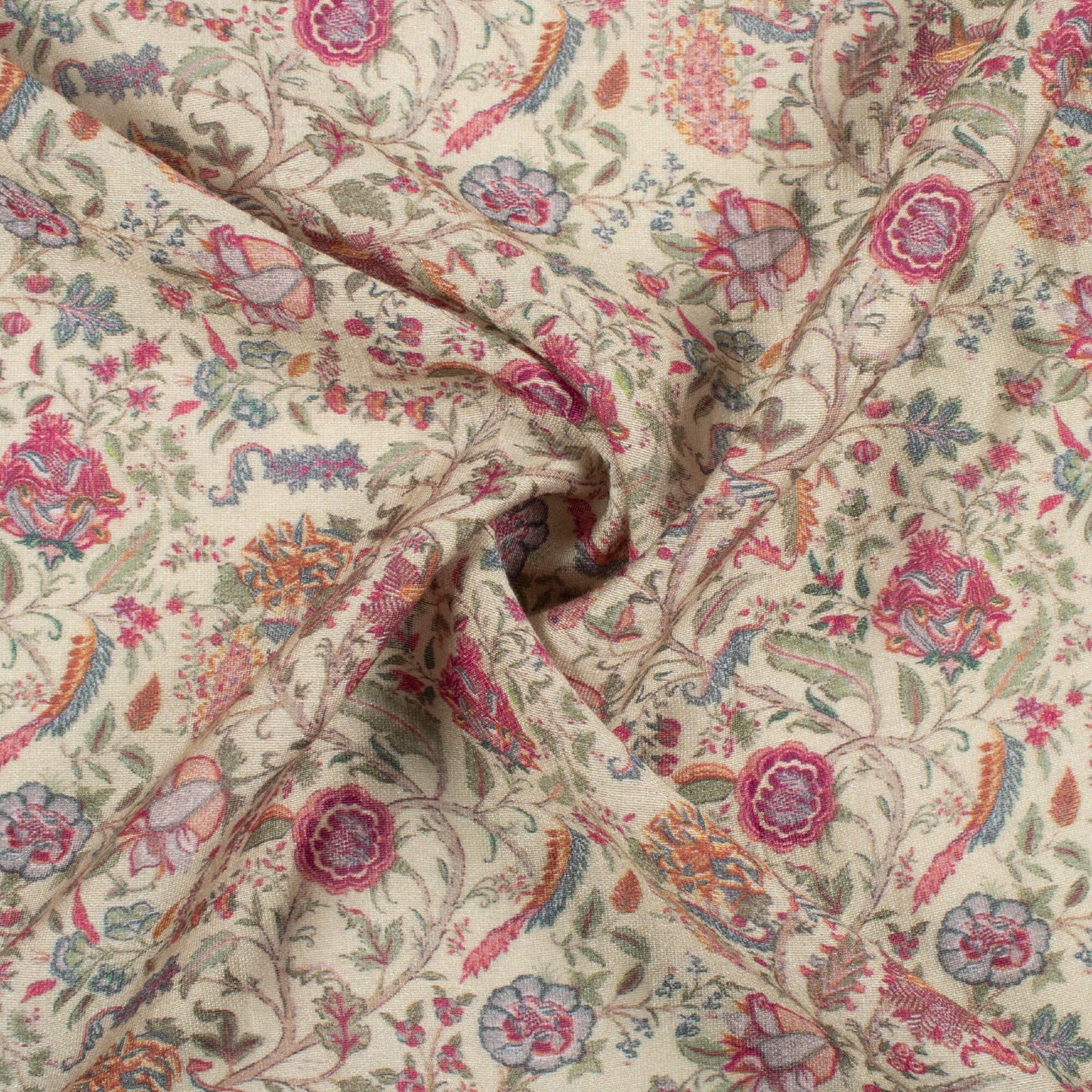 Moss Green And Magenta Purple Floral Pattern Digital Print Viscose Chanderi Fabric
