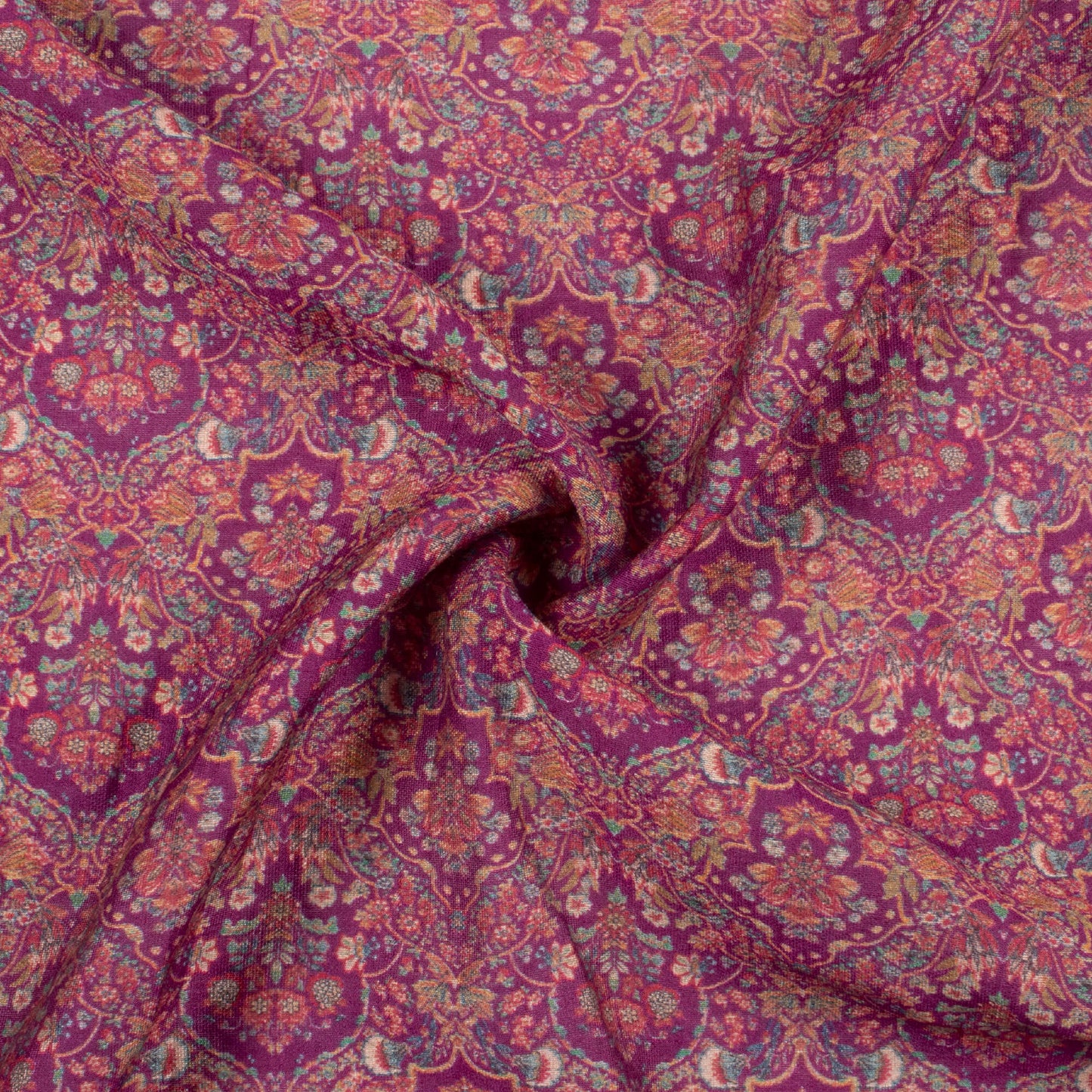 Sangria Purple And Dark Orange Floral Pattern Digital Print Viscose Chanderi Fabric