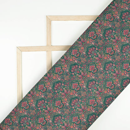 Forest Green And Magenta Purple Floral Pattern Digital Print Viscose Chanderi Fabric