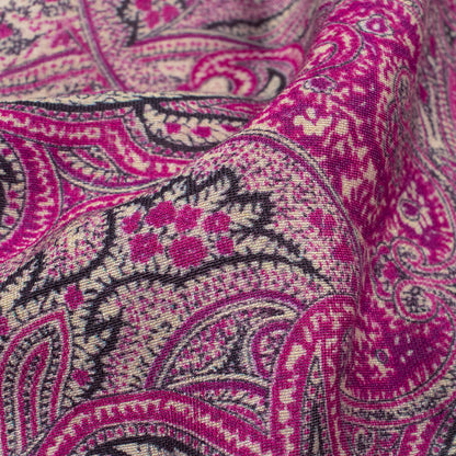 Sangria Purple And Oyster Grey Ethnic Pattern Digital Print Viscose Chanderi Fabric