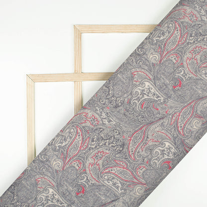 Slate Grey And Umber Brown Ethnic Pattern Digital Print Viscose Chanderi Fabric