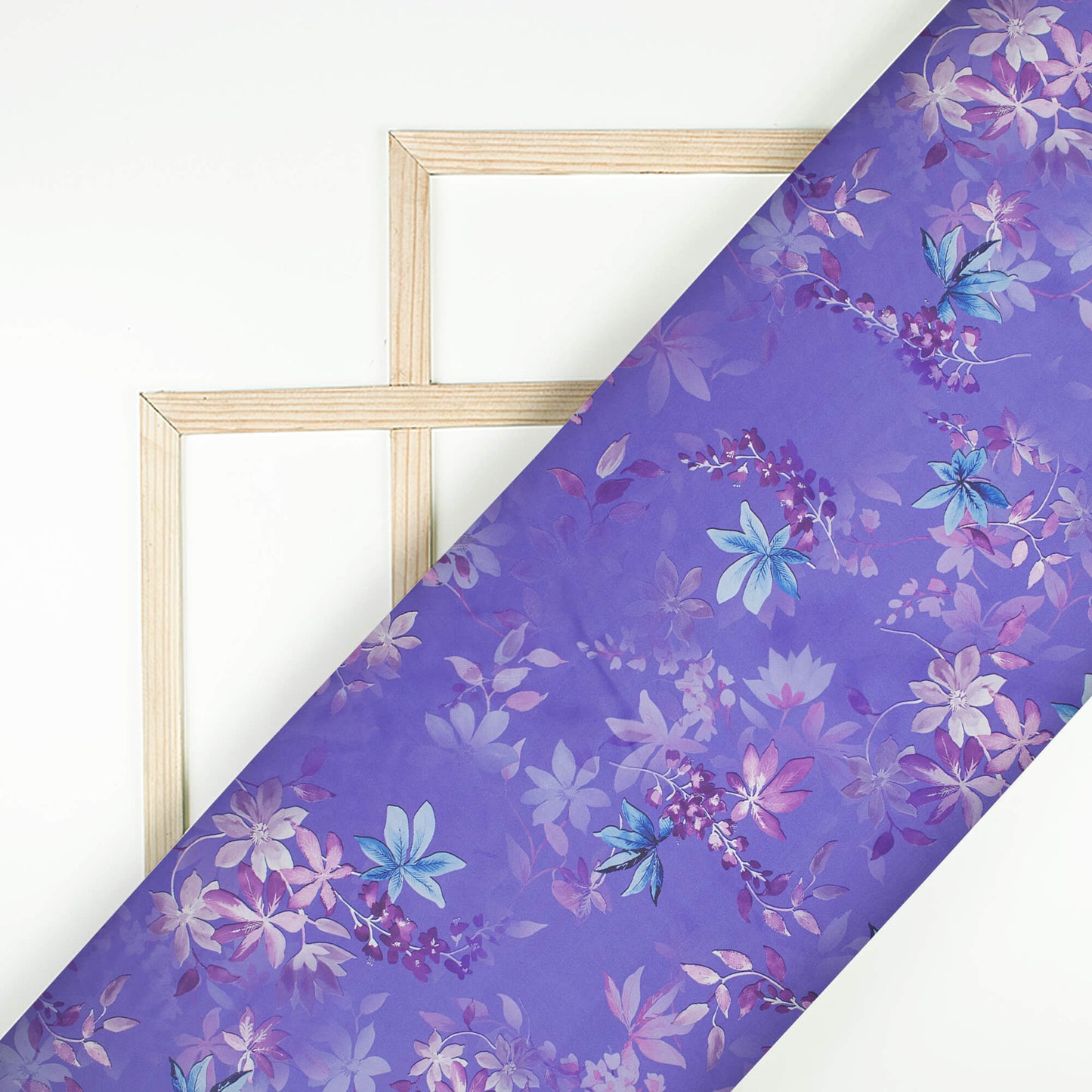 Very Peri And Blue Floral Pattern Digital Print Organza Satin Fabric