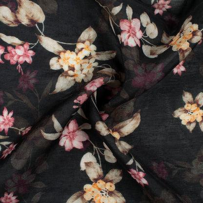 Black And Peach Floral Pattern Digital Print Viscose Muslin Fabric