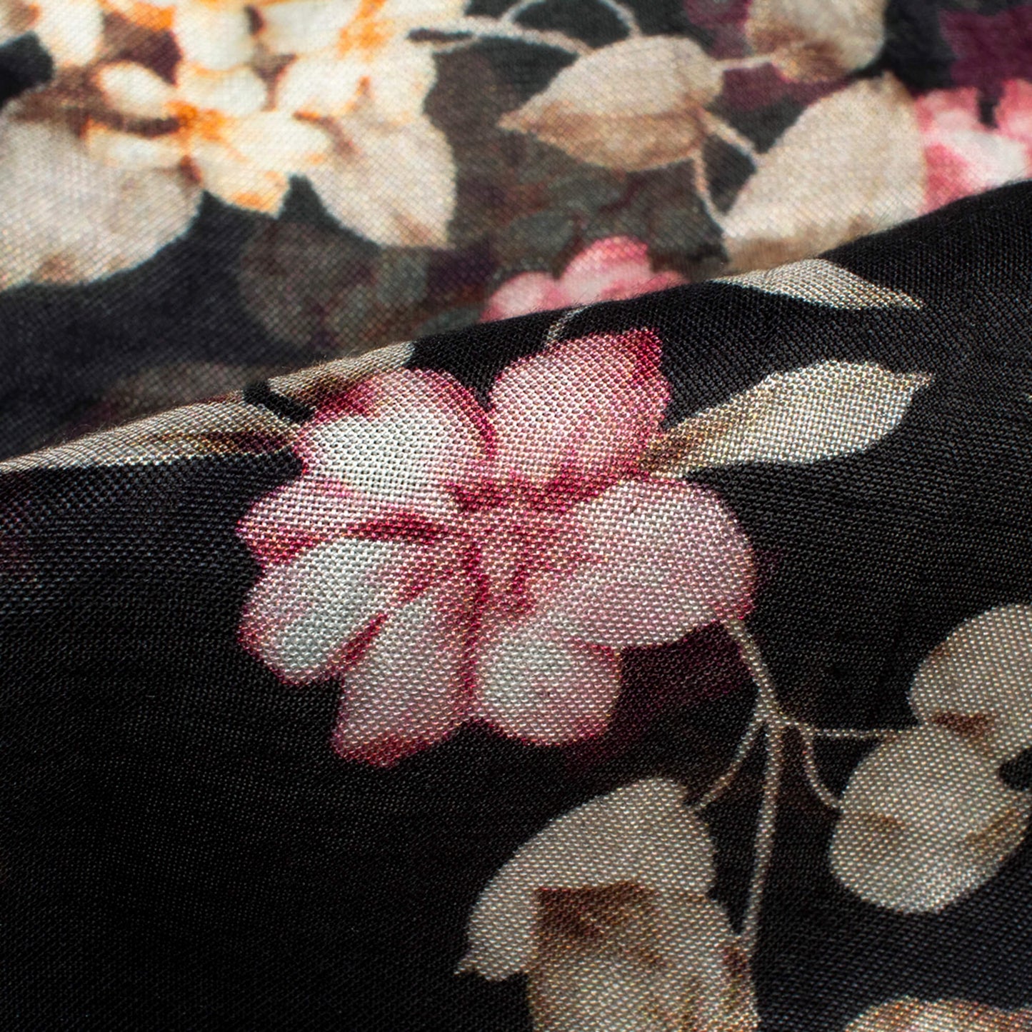 Black And Peach Floral Pattern Digital Print Viscose Muslin Fabric