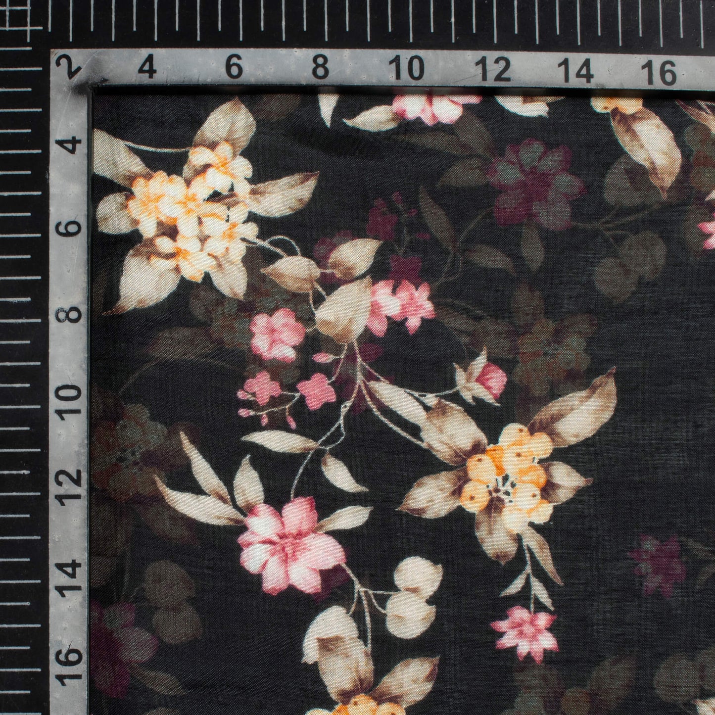 Black And Peach Floral Pattern Digital Print Viscose Muslin Fabric