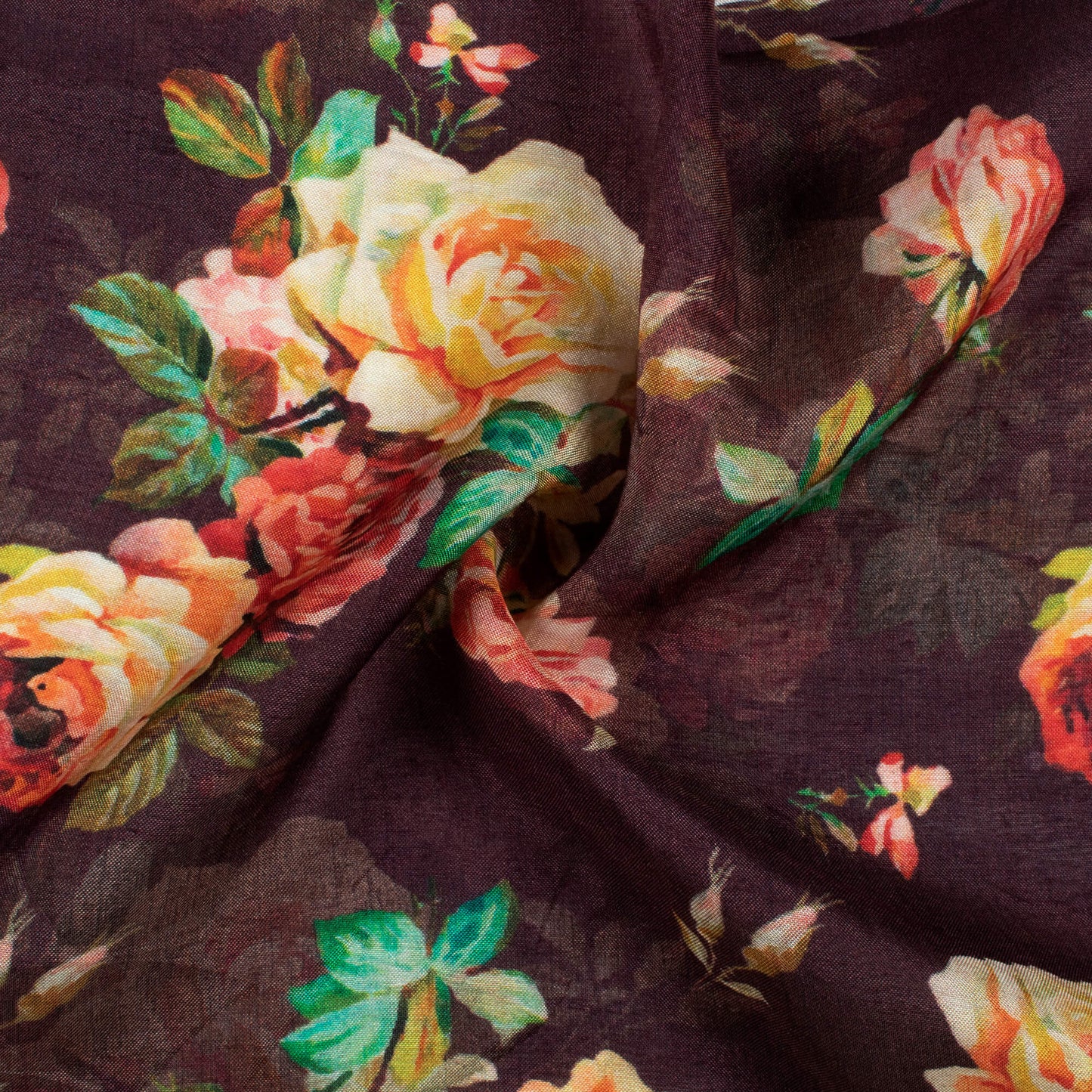 Chocolet Brown And Peach Floral Pattern Digital Print Viscose Muslin Fabric