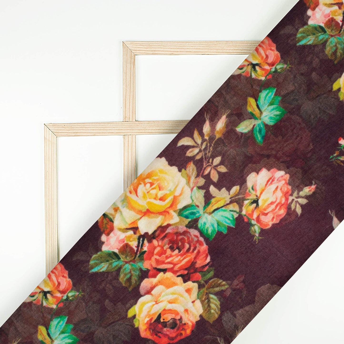 Chocolet Brown And Peach Floral Pattern Digital Print Viscose Muslin Fabric